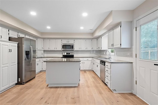 1051 E 121st St, Olathe, KS 66061 - kitchen featuring stainless steel appliances, a sink, dark stone counters, white cabinetry, and recessed lighting