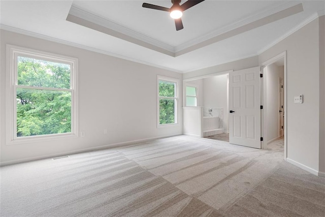 1051 E 121st St, Olathe, KS 66061 - unfurnished bedroom with carpet floors, crown molding, a tray ceiling, baseboards, and ensuite bathroom