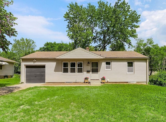 9811 Cambridge Ave, Kansas City, MO 64134 - ranch-style house with an attached garage, a chimney, concrete driveway, a front lawn, and entry steps