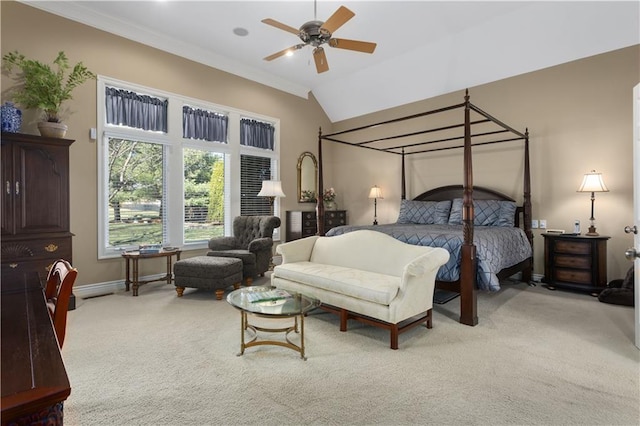4704 SW Gull Point Dr, Lees Summit, MO 64082 - bedroom featuring light colored carpet, baseboards, vaulted ceiling, ornamental molding, and a ceiling fan