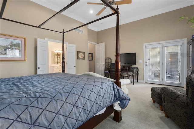 4704 SW Gull Point Dr, Lees Summit, MO 64082 - bedroom with access to exterior, carpet floors, ornamental molding, a ceiling fan, and baseboards