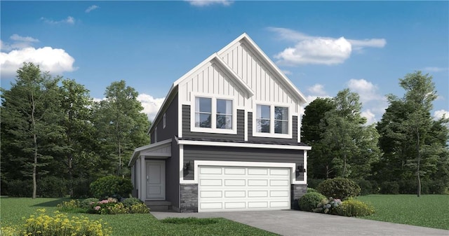 1304 SE Windbreak Dr, Lees Summit, MO 64081 - view of front of property with board and batten siding, stone siding, an attached garage, driveway, and a front lawn