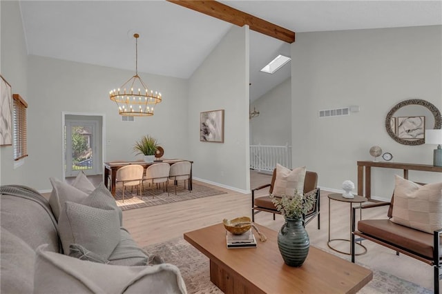 14 Woodbridge Ln, Kansas City, MO 64145 - living area with a chandelier, beamed ceiling, wood finished floors, high vaulted ceiling, and baseboards