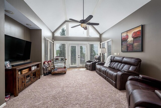 9500 Georgia Ave, Kansas City, KS 66109 - carpeted living area featuring ceiling fan, french doors, and high vaulted ceiling