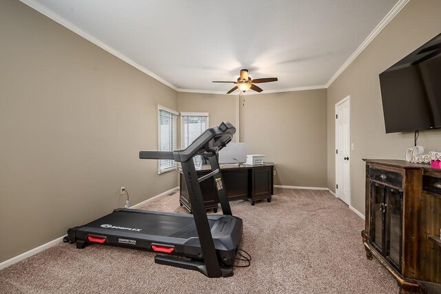 9500 Georgia Ave, Kansas City, KS 66109 - exercise area featuring light colored carpet, a ceiling fan, baseboards, and crown molding