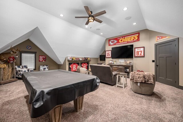 9500 Georgia Ave, Kansas City, KS 66109 - recreation room with carpet floors, vaulted ceiling, ceiling fan, billiards, and recessed lighting