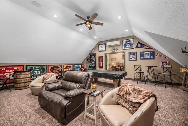 9500 Georgia Ave, Kansas City, KS 66109 - carpeted cinema room with vaulted ceiling, pool table, a wall mounted AC, a ceiling fan, and recessed lighting