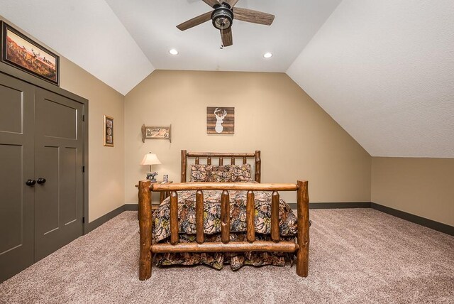 9500 Georgia Ave, Kansas City, KS 66109 - carpeted bedroom with lofted ceiling, baseboards, recessed lighting, and a ceiling fan