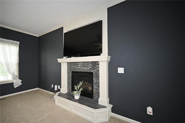 8941 NE 116th Pl, Kansas City, MO 64157 - unfurnished living room with ornamental molding, carpet, a fireplace, and baseboards