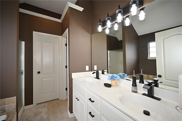 8941 NE 116th Pl, Kansas City, MO 64157 - full bathroom with double vanity, tile patterned flooring, crown molding, and baseboards