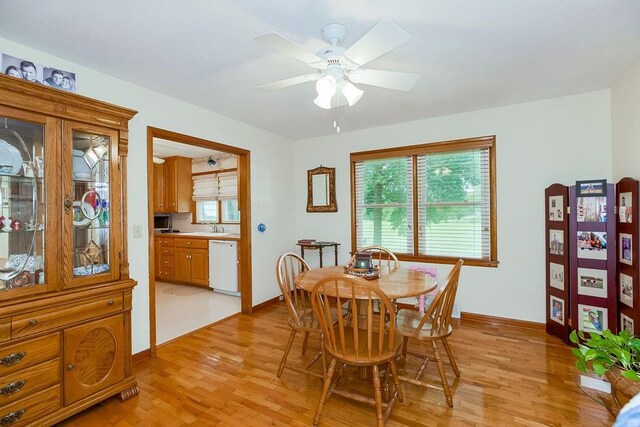 911 Limit St, Leavenworth, KS 66048 - dining area featuring light wood finished floors, a ceiling fan, and baseboards