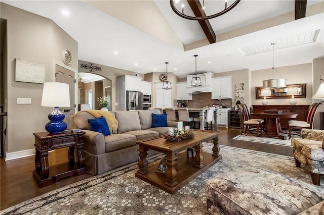 living room with dark wood-style floors, lofted ceiling, recessed lighting, arched walkways, and baseboards