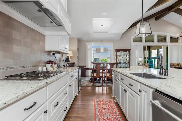 kitchen with appliances with stainless steel finishes, under cabinet range hood, a sink, white cabinetry, and dark wood-type flooring