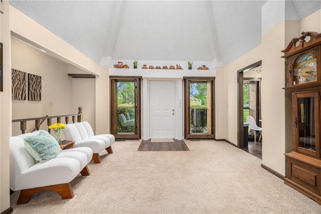 2018 Park Ln, Smithville, MO 64089 - entryway featuring carpet floors, plenty of natural light, high vaulted ceiling, and a textured ceiling