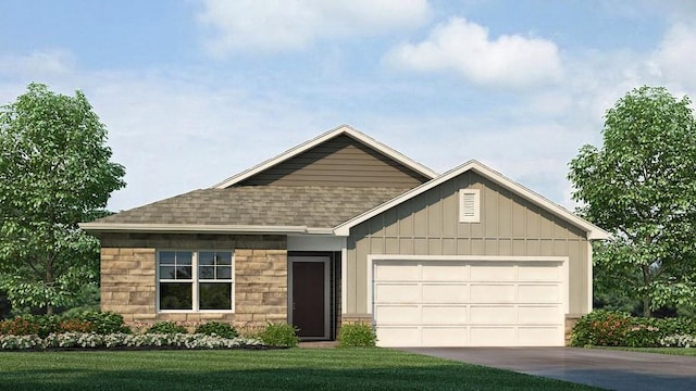 2114 Creek View Ln, Raymore, MO 64083 - view of front of property featuring a shingled roof, a garage, concrete driveway, a front yard, and board and batten siding