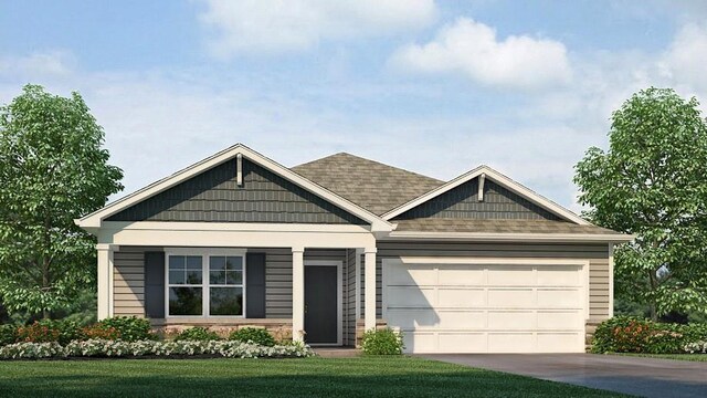 2204 Creek View Ln, Raymore, MO 64083 - craftsman-style home with an attached garage, driveway, a front lawn, roof with shingles, and stone siding