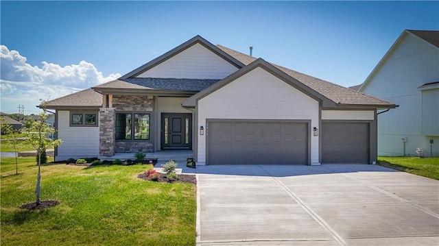 5854 Mccormick Dr, Shawnee, KS 66226 - view of front of house with an attached garage, concrete driveway, a front lawn, a shingled roof, and stone siding