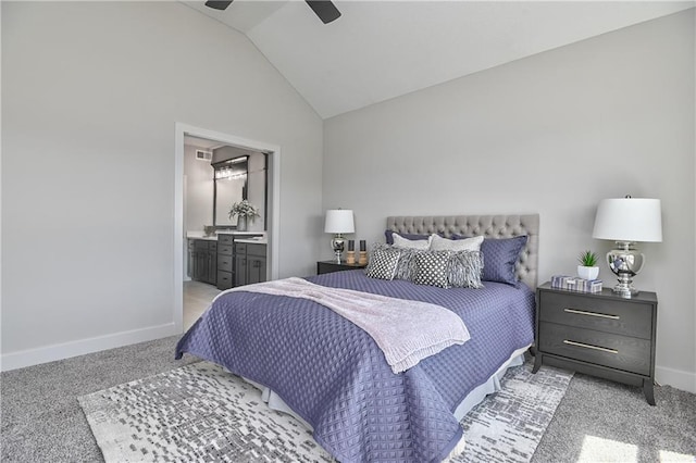 5854 Mccormick Dr, Shawnee, KS 66226 - bedroom featuring light carpet, vaulted ceiling, baseboards, ensuite bathroom, and a ceiling fan