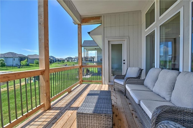 5854 Mccormick Dr, Shawnee, KS 66226 - wooden deck featuring a yard, a residential view, and outdoor lounge area