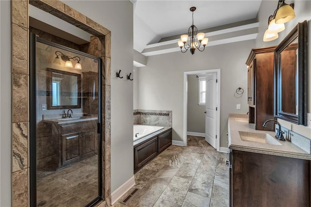 12750 N Arbor Way, Platte City, MO 64079 - bathroom featuring a bath, vanity, a stall shower, a chandelier, and baseboards