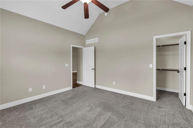 12750 N Arbor Way, Platte City, MO 64079 - unfurnished bedroom with high vaulted ceiling, a walk in closet, baseboards, carpet flooring, and ceiling fan