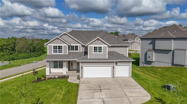 111 N Singletree St, Olathe, KS 66061 - view of front facade featuring driveway, covered porch, a front yard, and a shingled roof