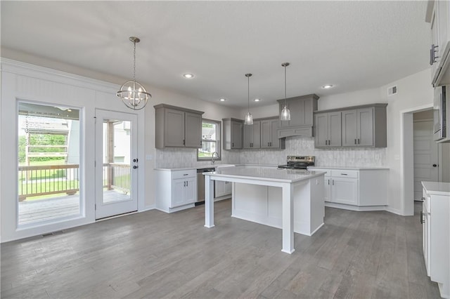 111 N Singletree St, Olathe, KS 66061 - kitchen featuring gray cabinets, stainless steel appliances, decorative backsplash, wood finished floors, and recessed lighting