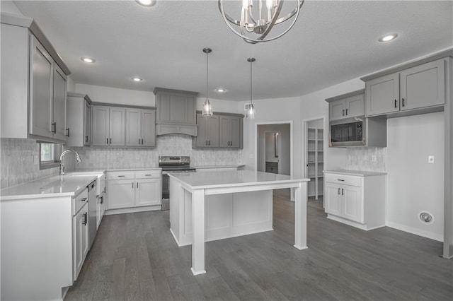 111 N Singletree St, Olathe, KS 66061 - kitchen with appliances with stainless steel finishes, gray cabinets, a sink, dark wood-style floors, and a textured ceiling