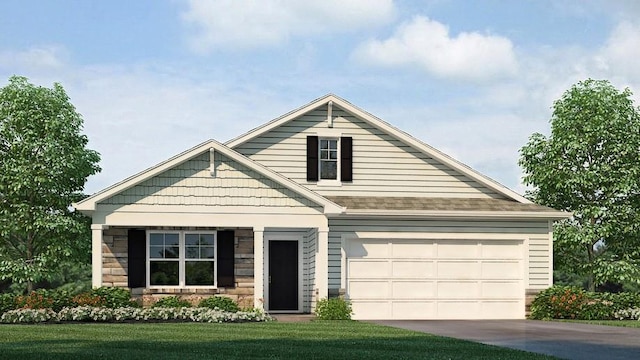 2210 Creek View Ln, Raymore, MO 64083 - view of front facade with stone siding, driveway, a front lawn, and an attached garage