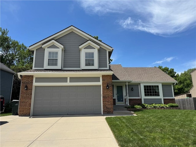 traditional-style house with brick siding, a garage, concrete driveway, and roof with shingles