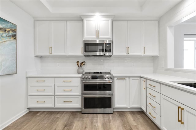5037 W 120th Ter, Overland Park, KS 66209 - kitchen featuring appliances with stainless steel finishes, a tray ceiling, light wood finished floors, and white cabinets