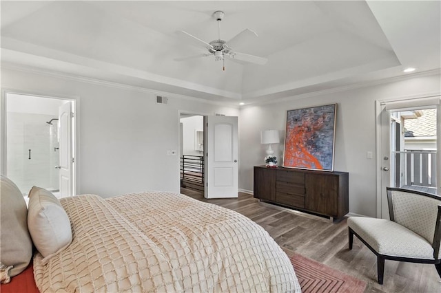 5037 W 120th Ter, Overland Park, KS 66209 - bedroom with wood finished floors, a raised ceiling, recessed lighting, ornamental molding, and ensuite bathroom