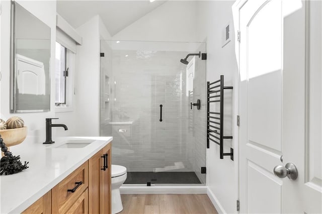 5037 W 120th Ter, Overland Park, KS 66209 - full bath featuring a shower stall, vanity, vaulted ceiling, wood finished floors, and radiator