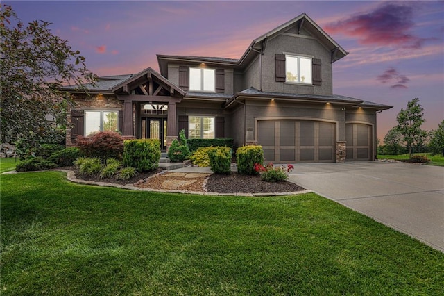 25205 W 97th Ter, Lenexa, KS 66227 - craftsman-style home with a garage, driveway, a lawn, and stucco siding
