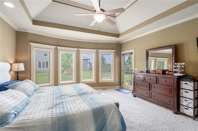 25205 W 97th Ter, Lenexa, KS 66227 - bedroom with light carpet, a raised ceiling, ornamental molding, access to exterior, and ceiling fan