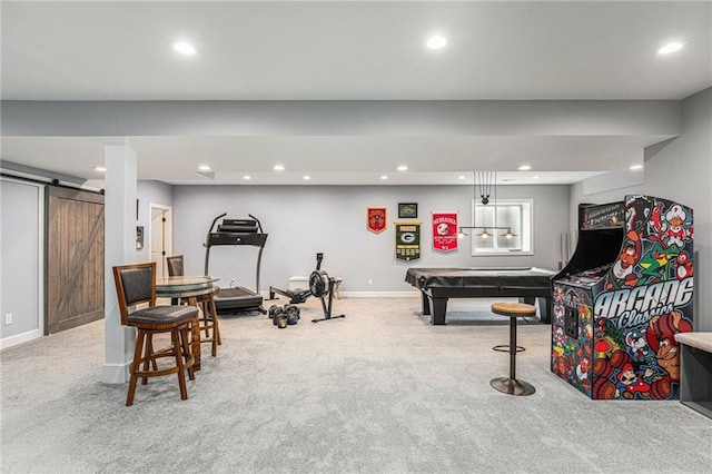 25205 W 97th Ter, Lenexa, KS 66227 - recreation room with carpet floors, recessed lighting, billiards, and a barn door