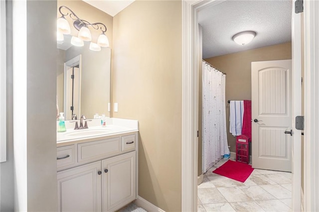 25205 W 97th Ter, Lenexa, KS 66227 - full bathroom with vanity, a shower with curtain, tile patterned floors, and a textured ceiling