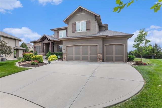 25205 W 97th Ter, Lenexa, KS 66227 - view of front of property with concrete driveway, a front yard, a garage, stone siding, and stucco siding