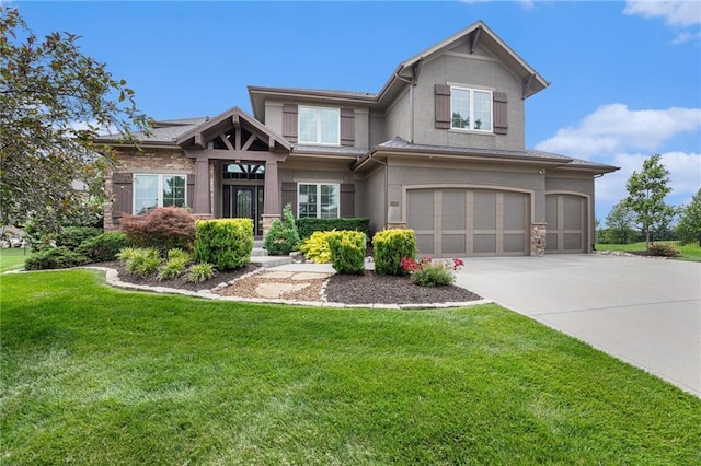 25205 W 97th Ter, Lenexa, KS 66227 - craftsman-style home with an attached garage, stucco siding, a front lawn, and concrete driveway