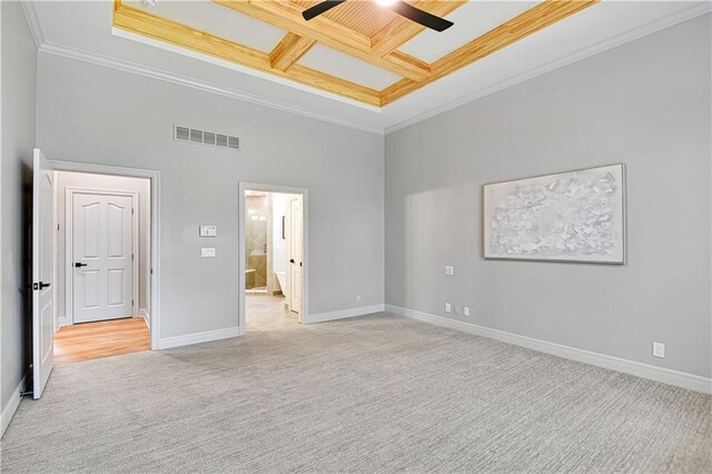 11349 Buena Vista St, Leawood, KS 66211 - unfurnished bedroom featuring coffered ceiling, ornamental molding, carpet floors, baseboards, and connected bathroom