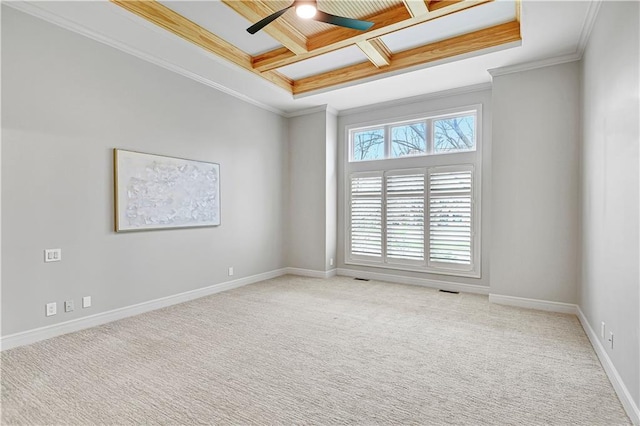 11349 Buena Vista St, Leawood, KS 66211 - spare room featuring a ceiling fan, coffered ceiling, beam ceiling, ornamental molding, and carpet floors