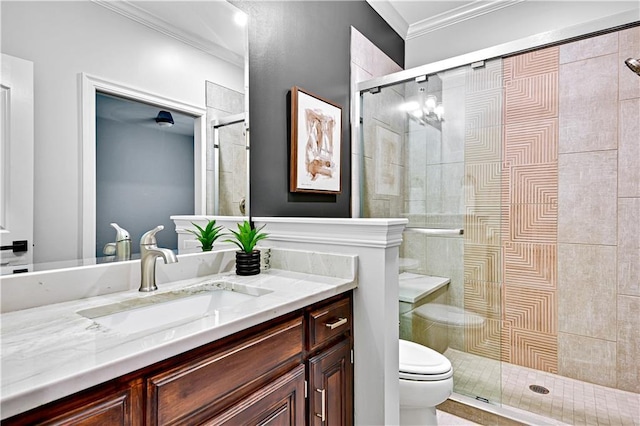 11349 Buena Vista St, Leawood, KS 66211 - full bath featuring a stall shower, toilet, vanity, and crown molding