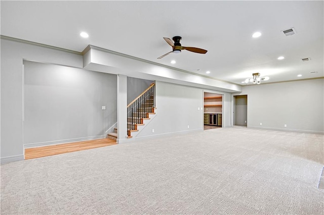 11349 Buena Vista St, Leawood, KS 66211 - finished below grade area featuring baseboards, stairs, recessed lighting, ceiling fan, and crown molding