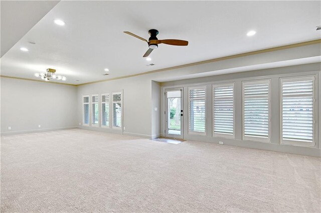 11349 Buena Vista St, Leawood, KS 66211 - spare room with baseboards, a ceiling fan, light colored carpet, recessed lighting, and ornamental molding