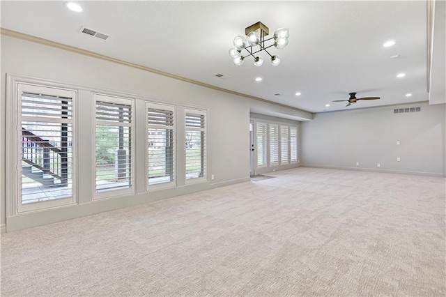 11349 Buena Vista St, Leawood, KS 66211 - unfurnished living room featuring light colored carpet, ceiling fan, recessed lighting, ornamental molding, and baseboards