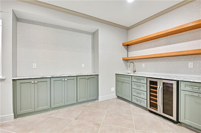 11349 Buena Vista St, Leawood, KS 66211 - indoor wet bar with wine cooler, decorative backsplash, crown molding, light tile patterned floors, and baseboards