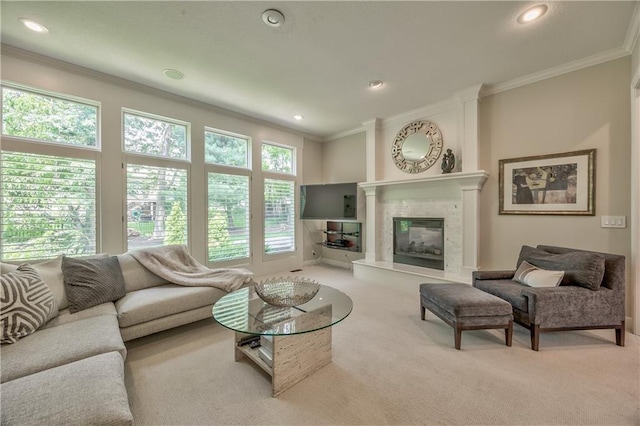 14814 Sherwood St, Leawood, KS 66224 - carpeted living area featuring ornamental molding, a high end fireplace, and recessed lighting