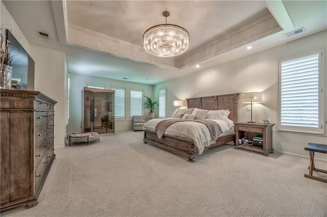 14814 Sherwood St, Leawood, KS 66224 - carpeted bedroom featuring a tray ceiling, ornamental molding, a chandelier, baseboards, and recessed lighting