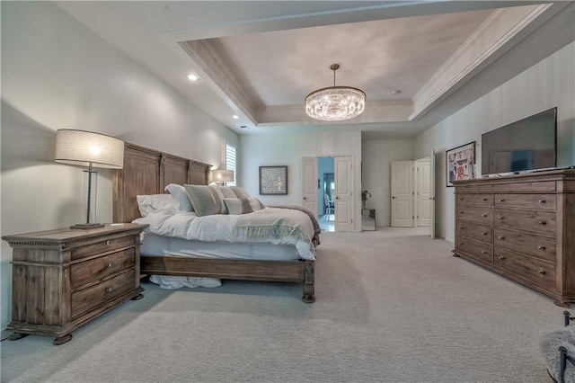 14814 Sherwood St, Leawood, KS 66224 - bedroom with light colored carpet, a chandelier, ornamental molding, a tray ceiling, and recessed lighting