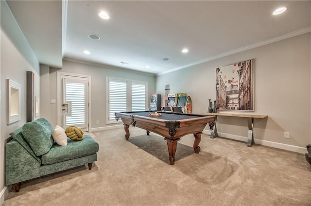 14814 Sherwood St, Leawood, KS 66224 - recreation room with crown molding, pool table, recessed lighting, baseboards, and light carpet